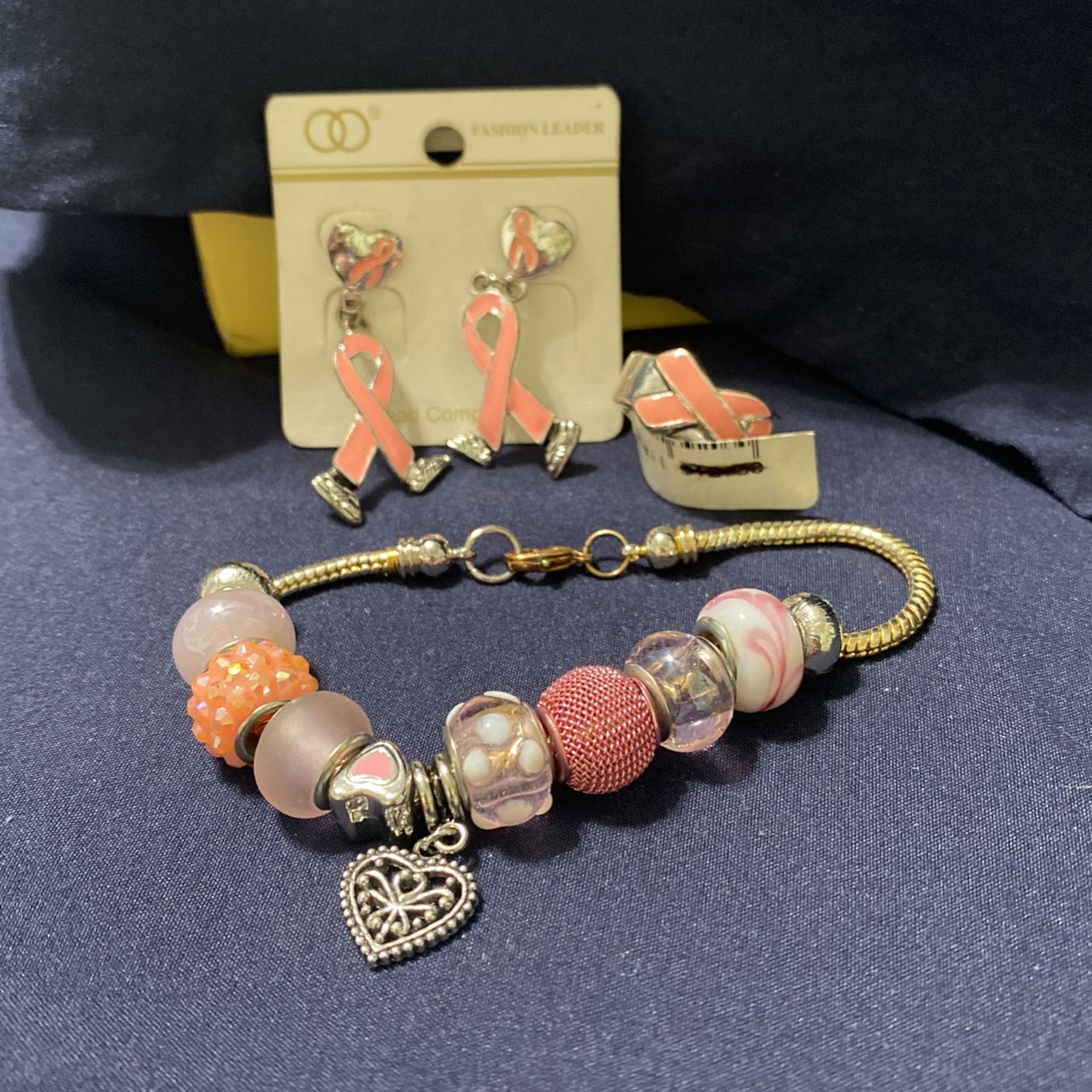 Breast Cancer Ring, Earrings and Bracelet 