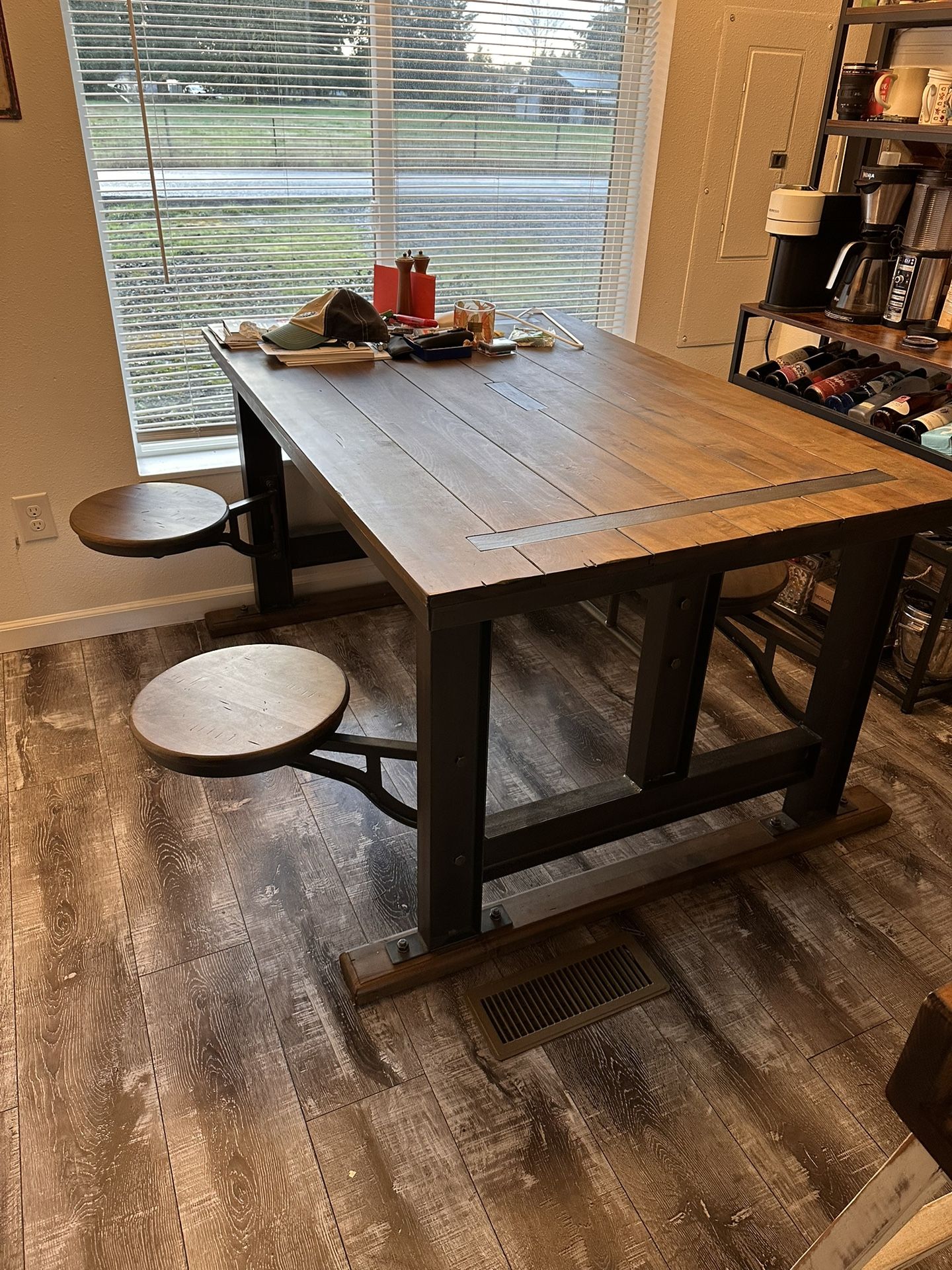 Wood Iron Table With Attached Swivel Stools