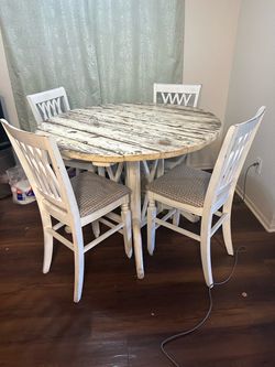 Rustic White Distressed Round Dining Table Set