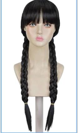 Wednesday Long Black Braids Wig with Bangs and Pigtails for Party Costume Halloween Product Images and Videos (AI Generated Alt Text)