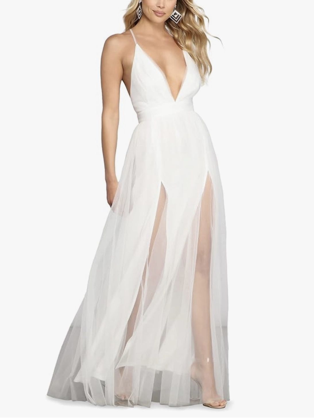 The Windsor Long Formal Tulle Sleeveless V-Neck Tulle Ball Gown with High Front Slits Dress Size M 