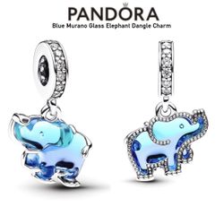 PANDORA Blue Murano Glass Lucky Elephant Dangle Charm w/box