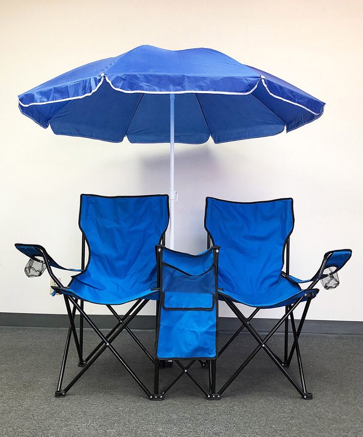 New in box $35 Portable Folding Picnic Double Chair w/ Umbrella Table Cooler Beach Camping Chair