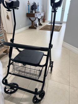 New Medical Assistance Upright Arm Supported WALKER w 4 wheels, rest seat & storage bin. EXC Great deal!