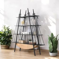 Sailboat-Inspired Bookshelf, 70.87" Industrial 4-Tier Open Storage Shelf with Drawer, Wooden & Metal Freestanding Bookcase for Living Room, Office,Hom