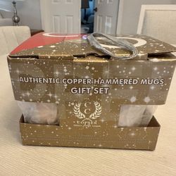 Gift Box Set of 4 Copper Cure Solid Pure Copper Hammered Mugs, Straws, Coasters