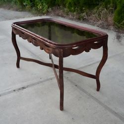 Rare Antique Carved Wood + Smoked Glass Table