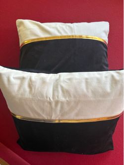 Two 18 x 18” decorative, throw pillows, black gold and white cash only