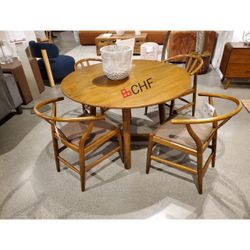 5 Piece Round Solid Wood Dining Table Set Walnut 