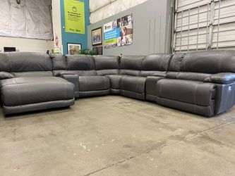 Grey Leather Modular Sectional with 3 Power Recliners, 2 Consoles & Chaise Logue