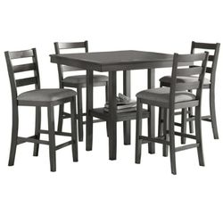 5 Piece Counter Height Dining Set Table and 4 Chairs Padded Seats Gray