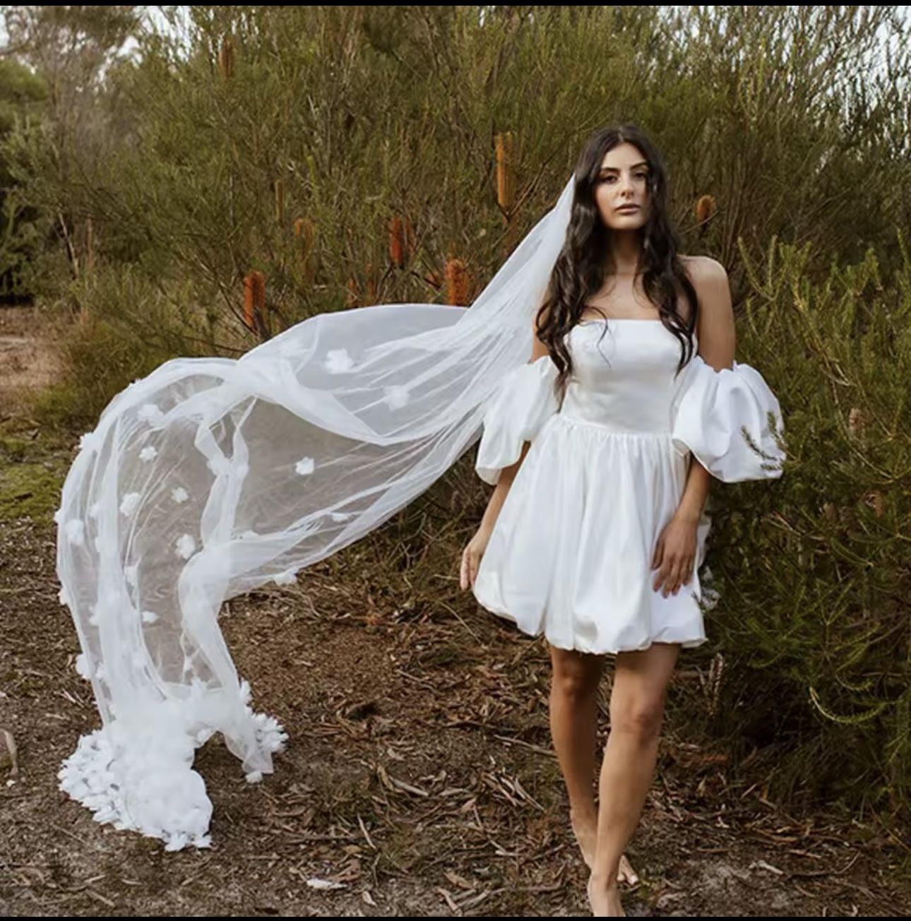 Floral Applique Bridal Veil with 3D Handmade Organza Flowers One Layer Marriage Wedding Veil