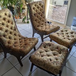Set Of Vintage Japanese Silk Obi Slipper Chairs + Ottomans