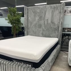 Grey Corduroy Queen Size Bed With Tall Headboard