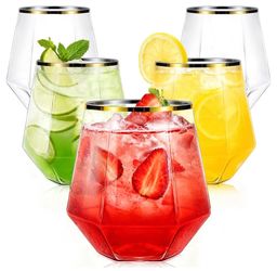 40 Pack Plastic Wine Glasses, 12 Oz Disposable Cocktail Whiskey Glasses Gold Rimmed Diamond Stemless Champagne Margarita Glasses, Clear Unbreakable Re