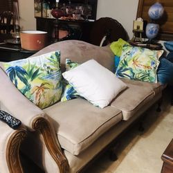 Antique, beige, upholstered, couch, armchair, ottoman