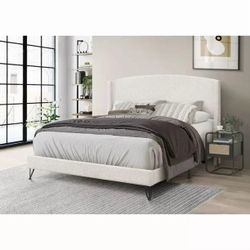 Queen White Boucle Platform Bed Frame, 66.54 x 87.99 x 53.35 in. H  Boucle Upholstered Eastern King Platform Bed Frame, Wing Back Headboard, White