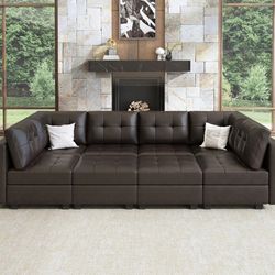 HONBAY 8-Piece Faux Leather Modular Sleeper Sectional Sofa With Storage Seat
