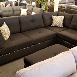 Brand New 104" x 75" Black Fabric Reversible Sectional + Ottoman