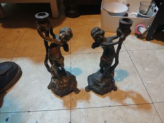 Pair bronze cherubs candle holder 11"tall