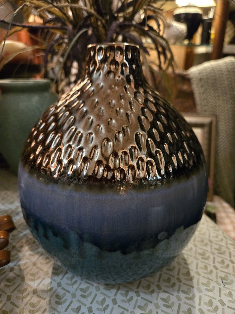 Two One Gold & Blue Pottery Vase