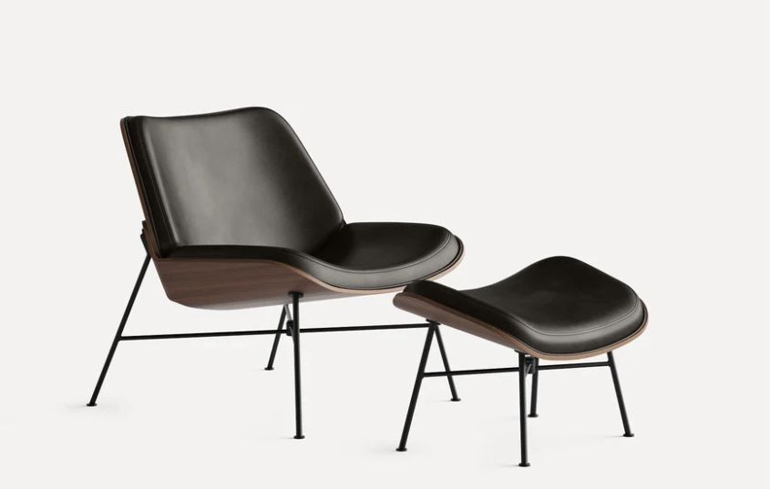 Burrow Vesper Leather & Wood Lounge Chair Slate/Walnut + Ottoman (in box) ❤️