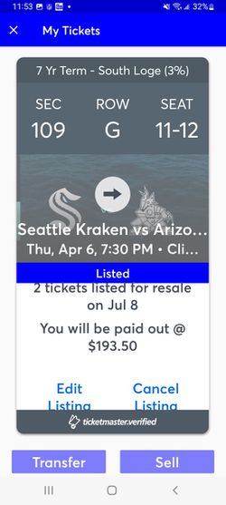 Seattle KRAKEN 2 Tickets Section 109 Row G Devils, Stars, Ducks, Etc  s Thumbnail