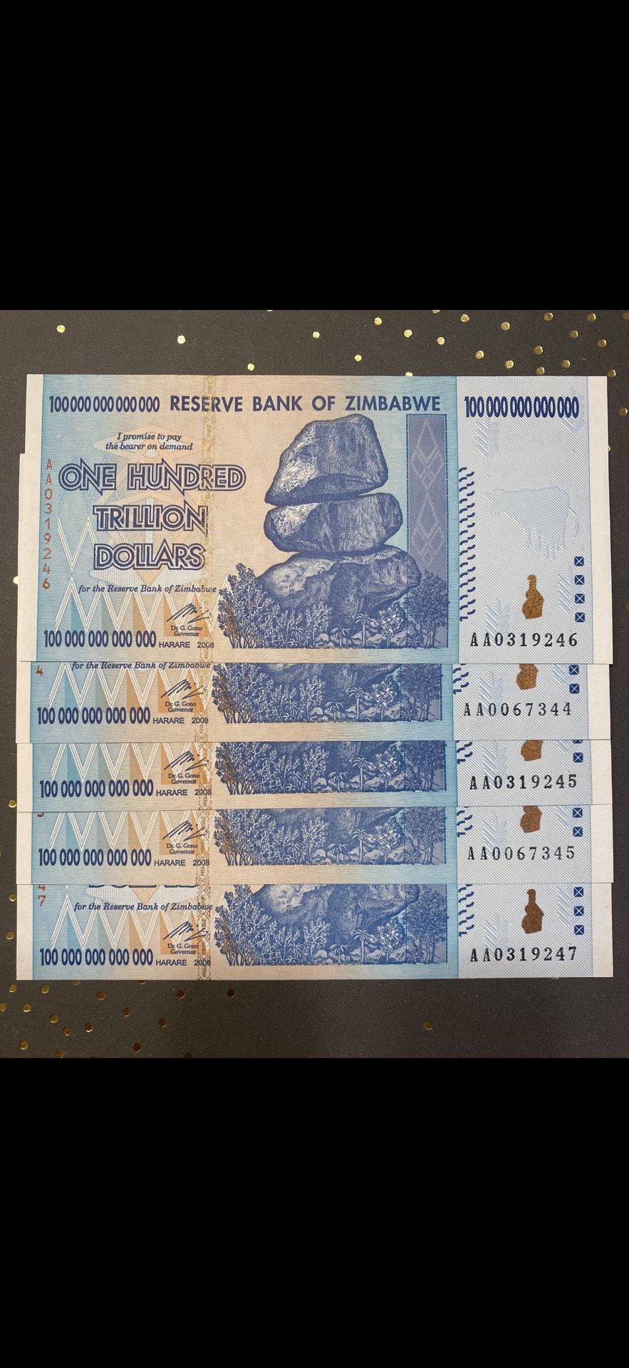 Zimbabwe 100 Trillion Dollars - 5 Pieces (PCS), AA/2008, P-91, UNC, 100 Trillion