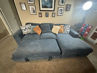 Blue Fabric Couch With Storage Chaise And Retractable Leg Rest