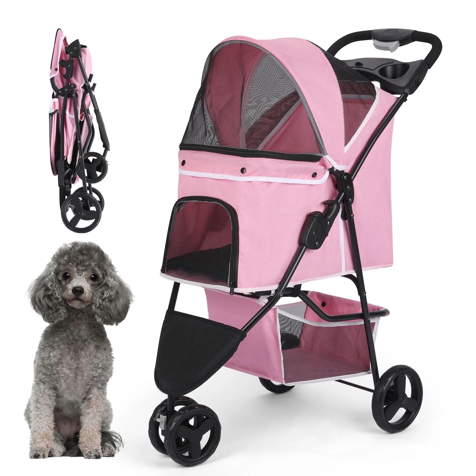 3 Wheels Foldable Pet Strollers with Storage Basket and Cup Holder for Small and Medium Cats, Dogs, Puppies (Pink)