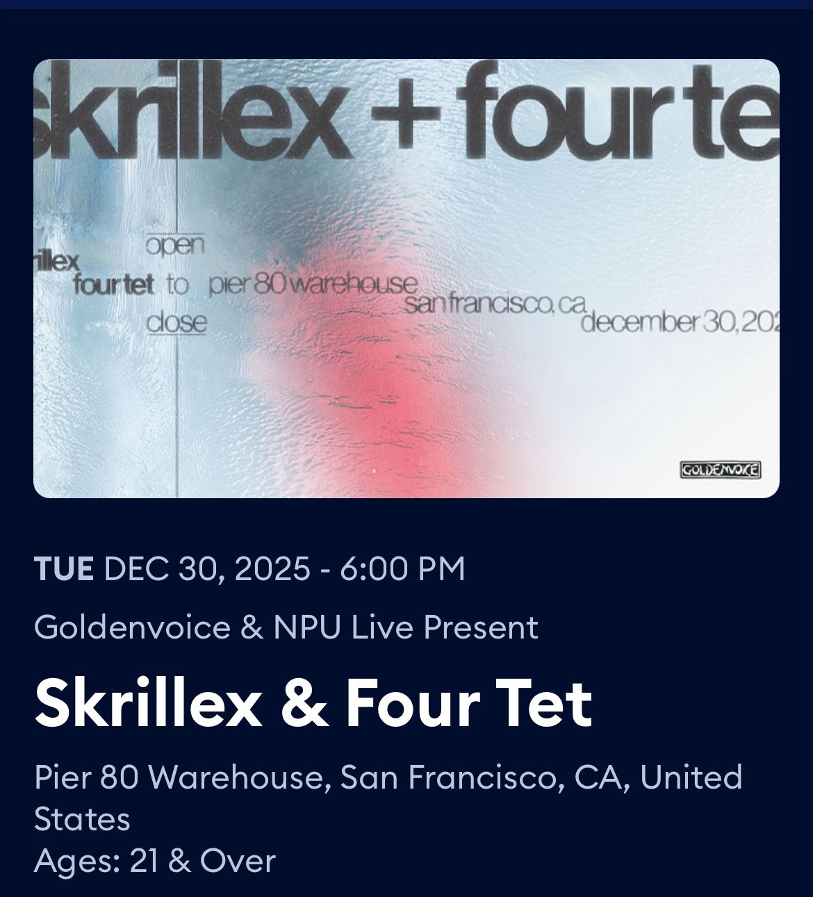 Skrillex & Four Tet 12/30 Pier 80