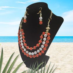 Elegant Red & White Gemstone Necklace & Earring Set