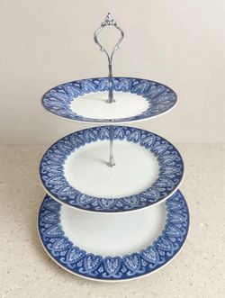 Vintage Bombay Company Blue & White 3-Tiered Serving Tray - "Tile" Pattern