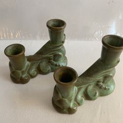 Vintage pair of Frankoma double ceramic prairie green Candleholders. #304. Good condition. 5x4 inch.