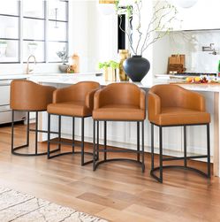 27''H Faux Leather Modern Counter Stools with Curved Backrest and Arms, Brown (Set of 4)