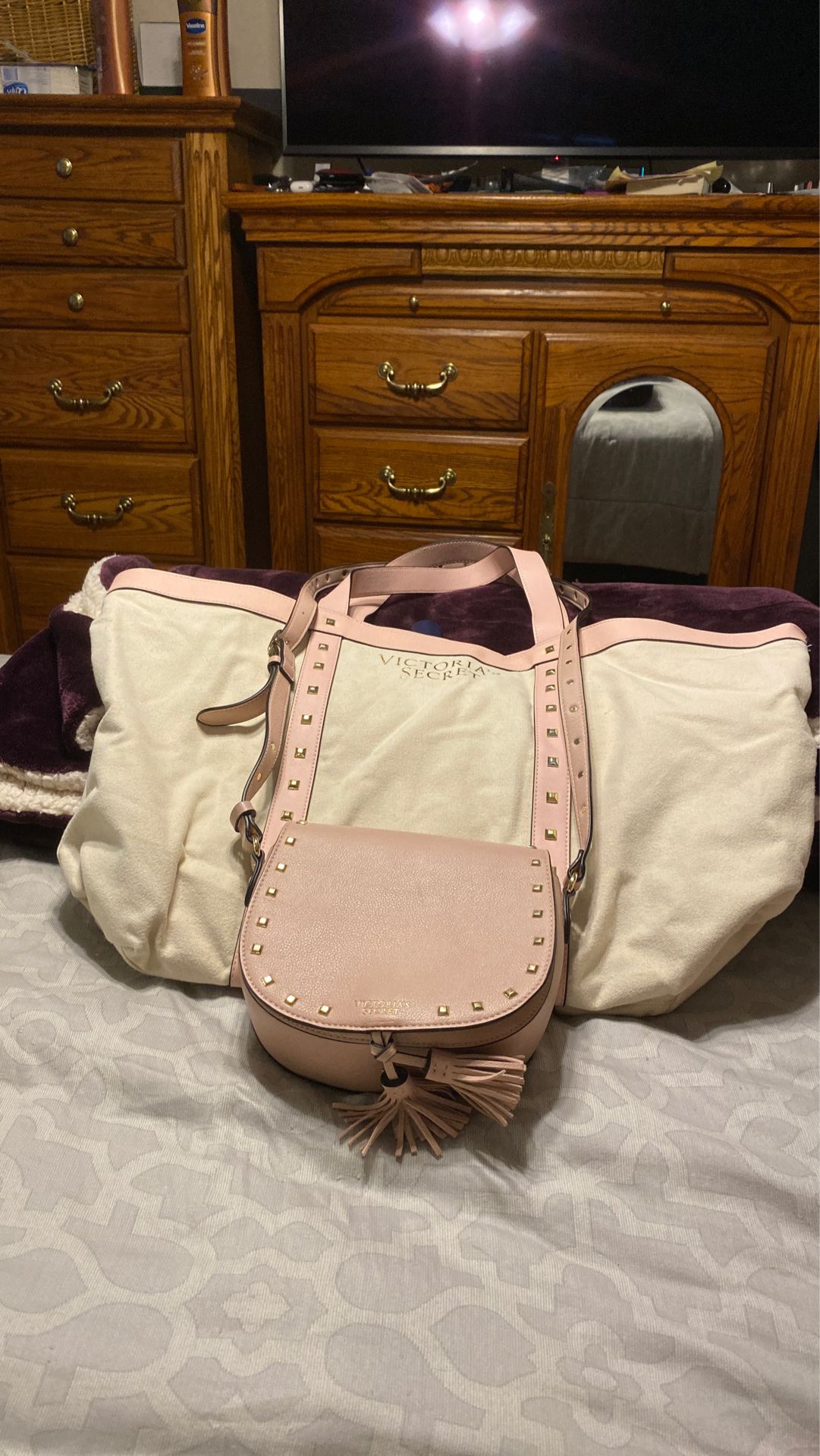 2 piece Victoria Secret rose colored bags small purse and tote bag