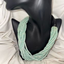 Vintage Amazonite Twisted Heishi Beaded  Necklace w/ Hand Carved Horn Toggle Clasp