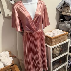 Pink Satin Like Dress With Pleated Skirt - Size 10