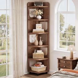 6-Tier Tall Corner Shelf, 71-Inch Rustic Narrow Corner Bookshelf Bookcase with Square Rack, Freestanding Corner Display Storage Shelf Organizer for Li