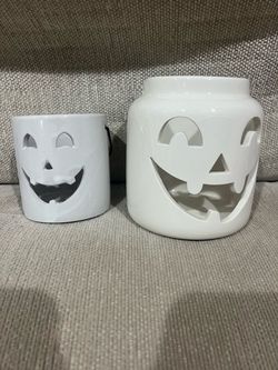 White Ceramic Jack-O-Lantern Candle Holders Set of 2
