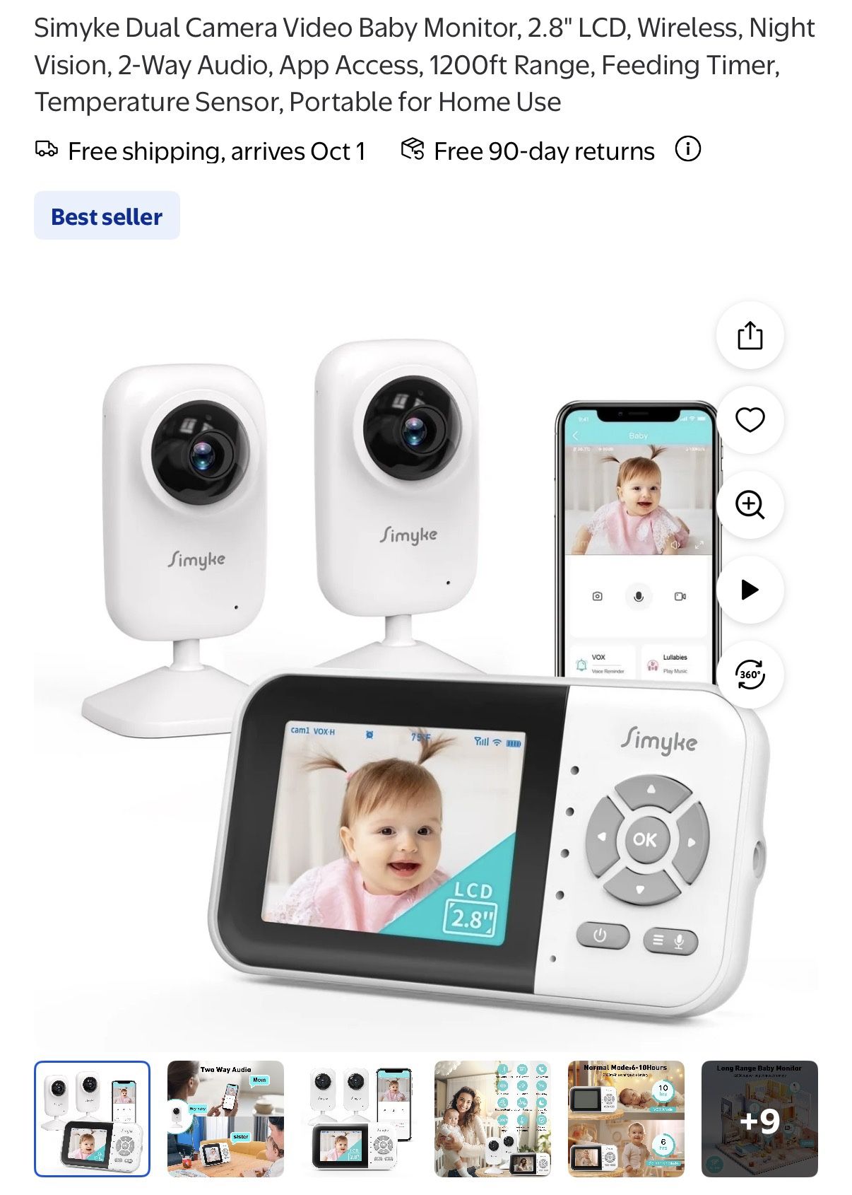 Simyke Dual Camera Video Baby Monitor, 2.8" LCD, Wireless, Night Vision, 2-Way Audio, App Access, 1200ft Range, Feeding Timer, Temperature Sensor, Por