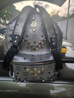 MCM Metallic Silver Monogram Visetos Studded Stark Backpack