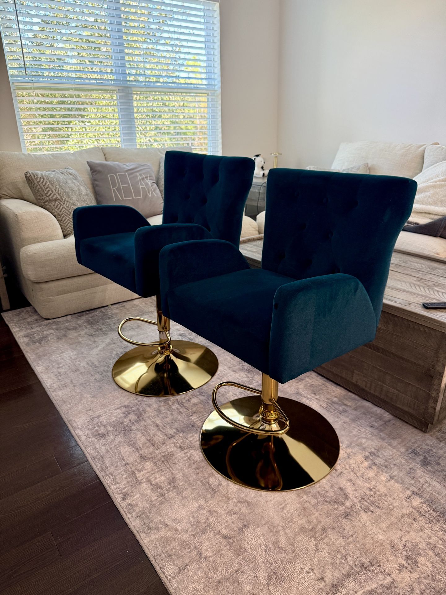 Etta Avenue (Wayfair) Peppino Velvet Swivel Bar Stools – Teal/Gold (Set of 2) - $250