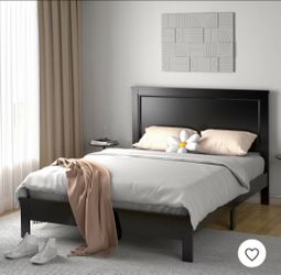 Queen Size Bed Frame Platform Slat High Headboard Bedroom Rubber Wood Leg Black