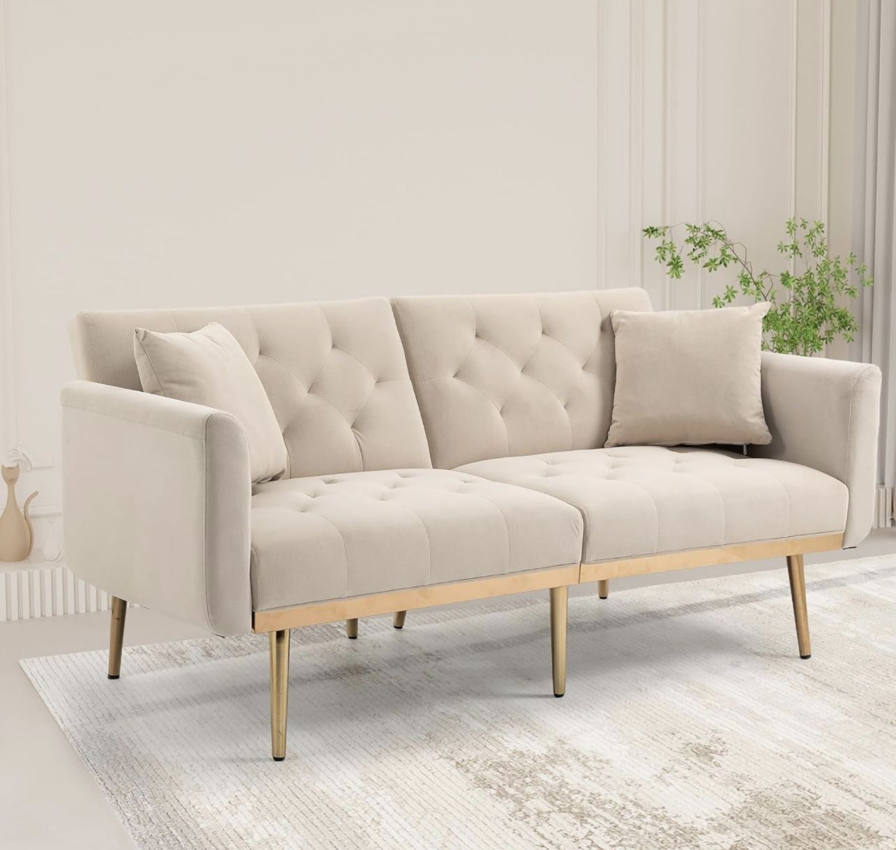 Mid-Century Modern Velvet Loveseat, Petite Accent Sofa Couch with 7 Gold Metal Legs (Beige)