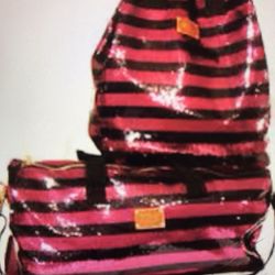 2 NEW Victoria’s Secret Pink Limited Edition Black Hot Pink Striped Duffle Gym Weekender Tote Bag Crossbody Carry On Luggage Suitcase Travel Vacation 