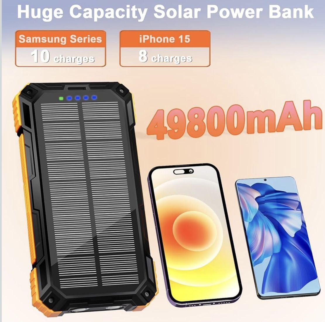 49800mAh Solar Phone Charger with USB-C in/Output, QC 3.0 Fast Charging with LED Flashlight, Built-in 4 Cables, IP65 Waterproof