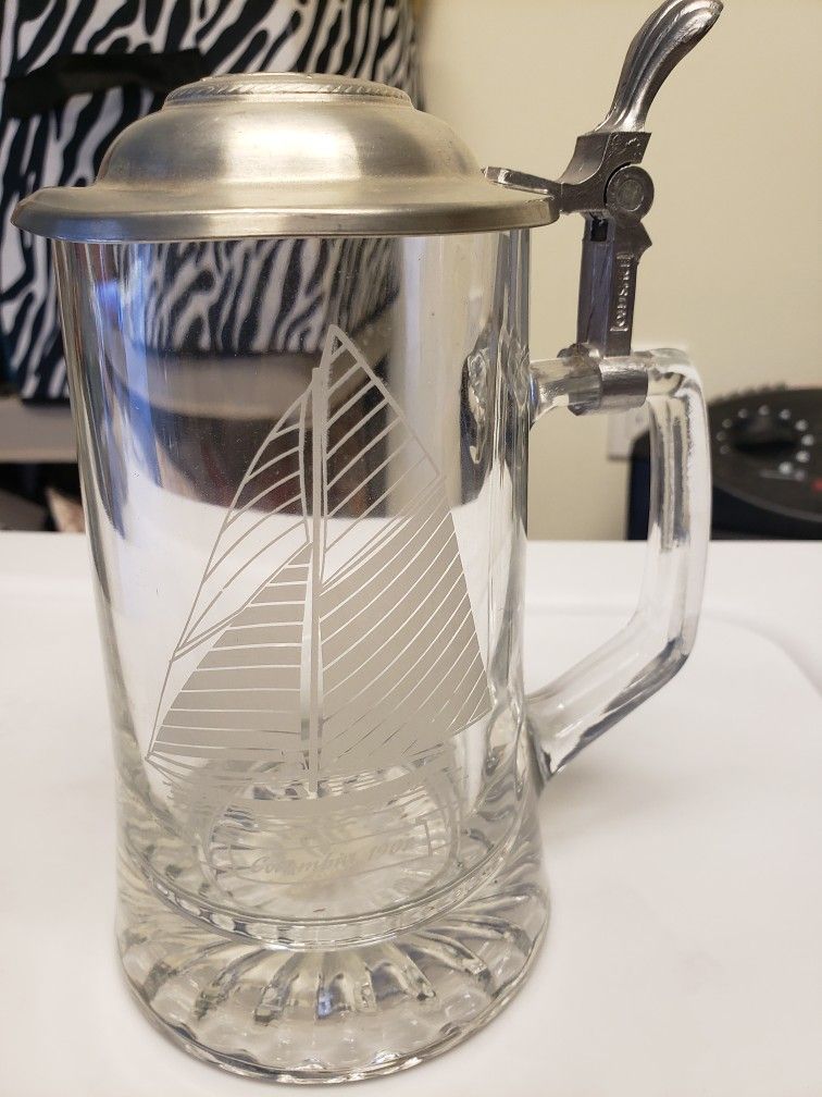 Old Spice Beer Mug Etched Glass Stein AWLE Pewter Lid