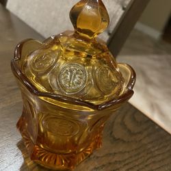 Vintage Fostoria Amber Coin Glass Covered Candy Jar 6.5" Excellent Condition