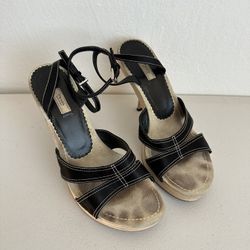 Prada Black Satin Open Toe Ankle Strap Heels